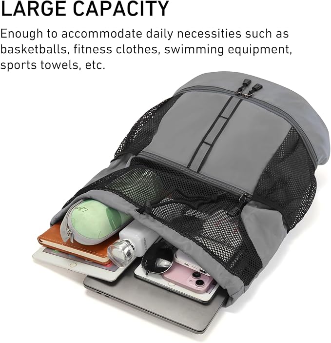 Valleycomfy Drawstring Gym Bag Sports Backpack With Shoe Compartment and Reflective Strips Grey