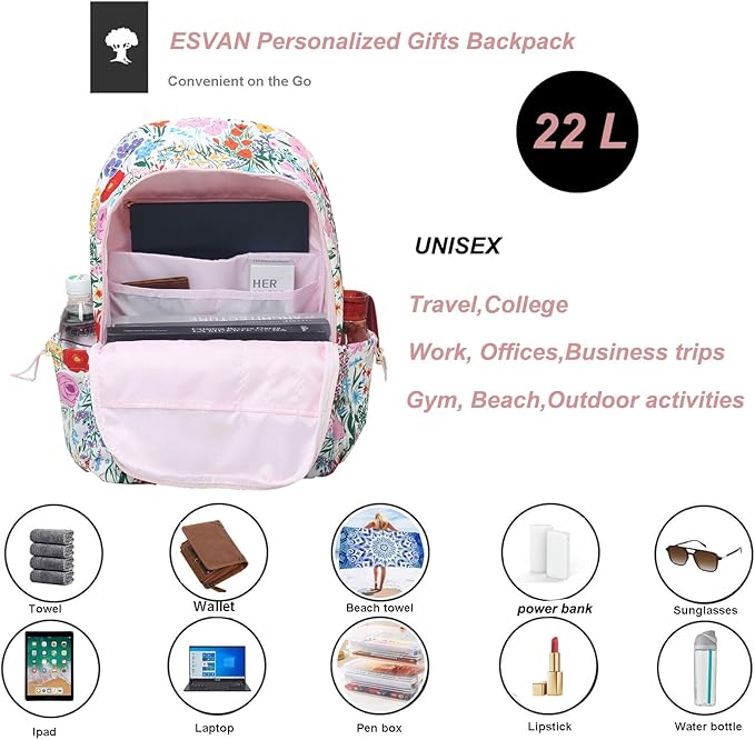 ESVAN Personalized Gifts Backpack Canvas Linen Nylon 17 inch Laptop Bag for Women Casual College