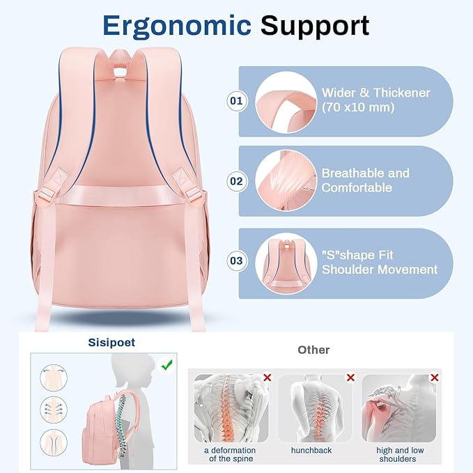 School Backpack for Girls, Lightweight Kids Bookbag Classic College Backpack for Teen Women with Luggage Strap, Age 8-18 Years Old, Pink