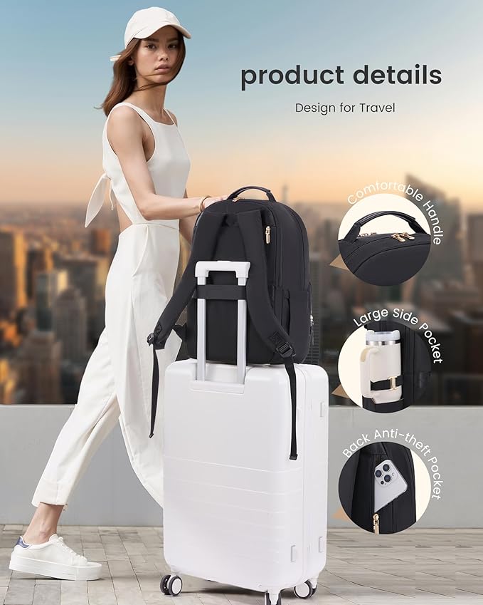 LOVEVOOK Laptop Backpack for Women with Leather Trim & Tumbler Pockets, 15.6" Work Backpack Purse, Travel Personal Item Bag, Carry On Business Computer Bag for Office, School, or Gift, Black