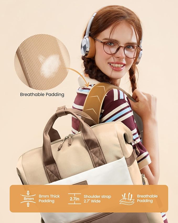 LOVEVOOK Laptop Backpack for Women, 15.6 Inch Work Travel Backpack Purse for School College Bookbag for Teen Girls Cute Computer Backpack for Teacher Nurse Business, Coffee-Beige