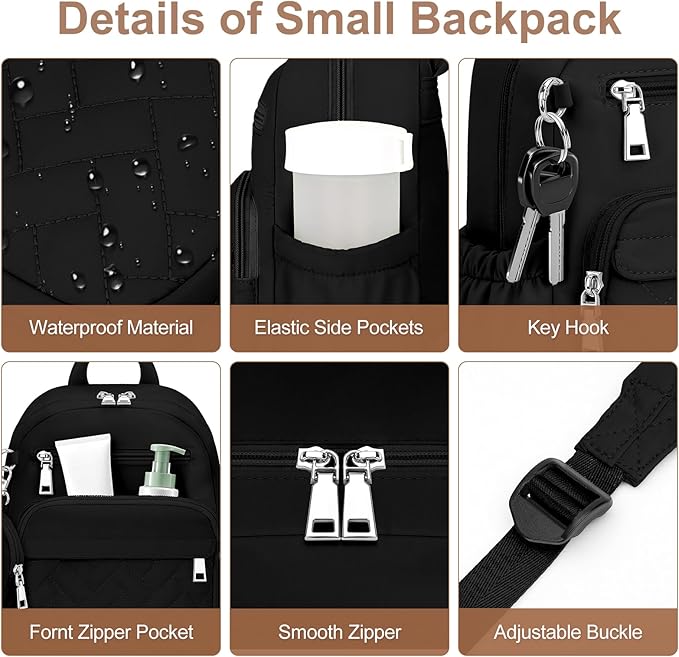 Mini Backpack for Women Small Backpack Purse, Anti Theft Backpack Waterproof Lightweight Puffer Back packs for Travel, Work with Coin Purse Black