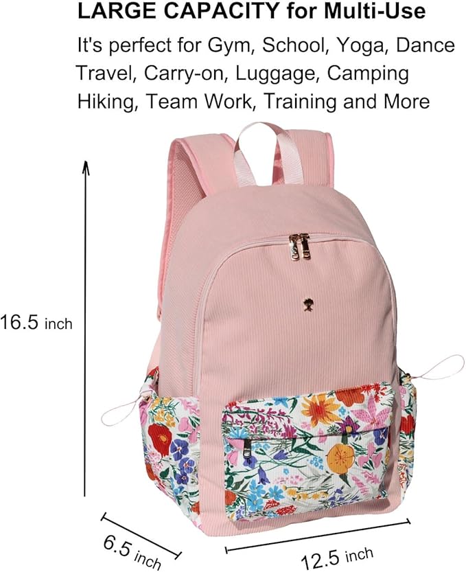 ESVAN Corduroy Backpack Lightweight Fashion 17 inch Laptop Bag for Women Casual College (Corduroy Pink flower)