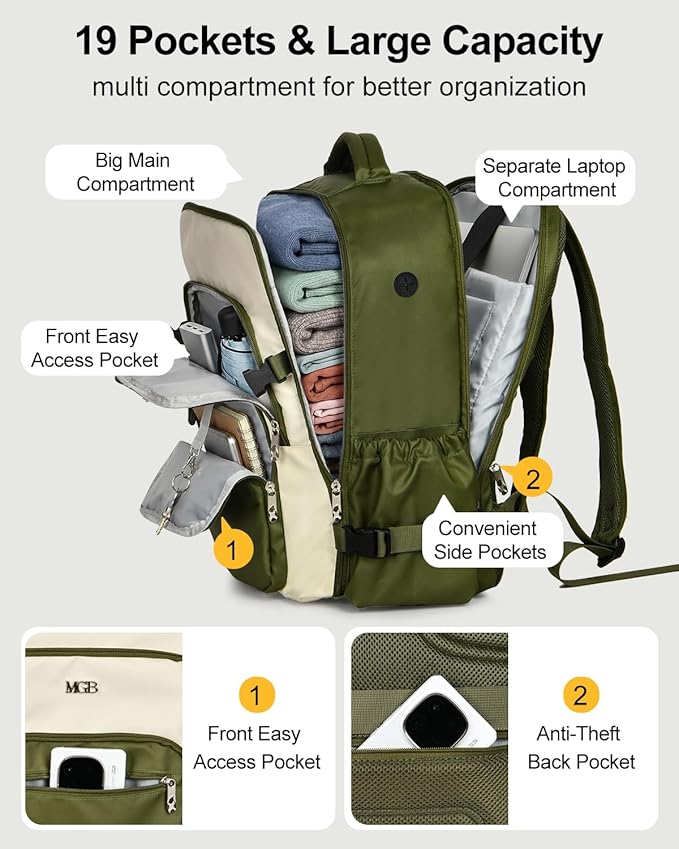 Travel Backpack for Women & Men, Large Carry On Personal Item Bag Airline Approved, Waterproof Traveling Overnight Bags, Gifts Laptop Backpack for Travelers College-Students Commuters (Green/Beige)