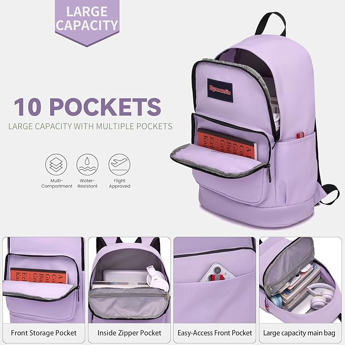 Classic Casual Backpack, Lightweight Daypack with 10 Pockets, Laptop Compartment, EVA Foam Pad (Purple)