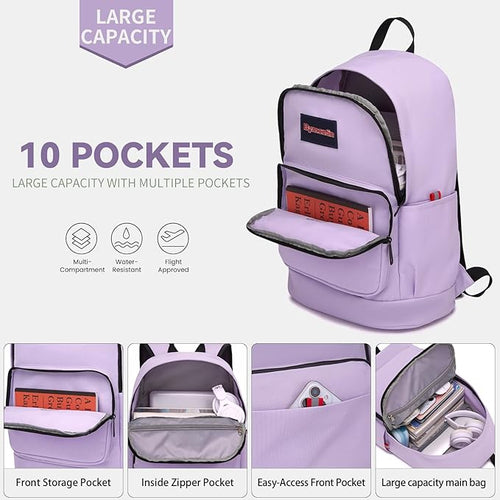 Classic Casual Backpack, Lightweight Daypack with 10 Pockets, Laptop Compartment, EVA Foam Pad (Purple)
