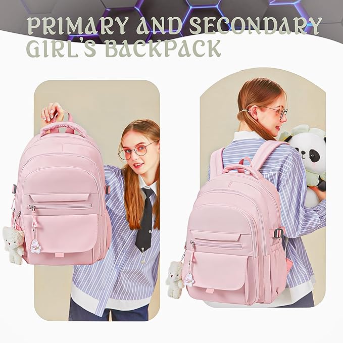 Girls Backpack for College High Middle School Student, Cute Aesthetic Bookbag for Teens Women with Accessories,Pink