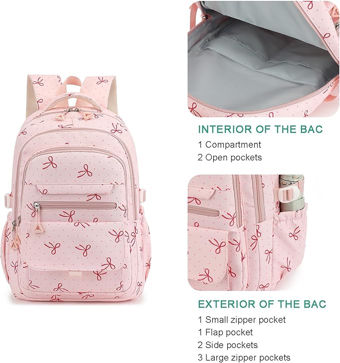 Phaoullzon Girls School Coquette Backpack for Kids Kawaii Bows Bookbag College Daypack,Pink Bow