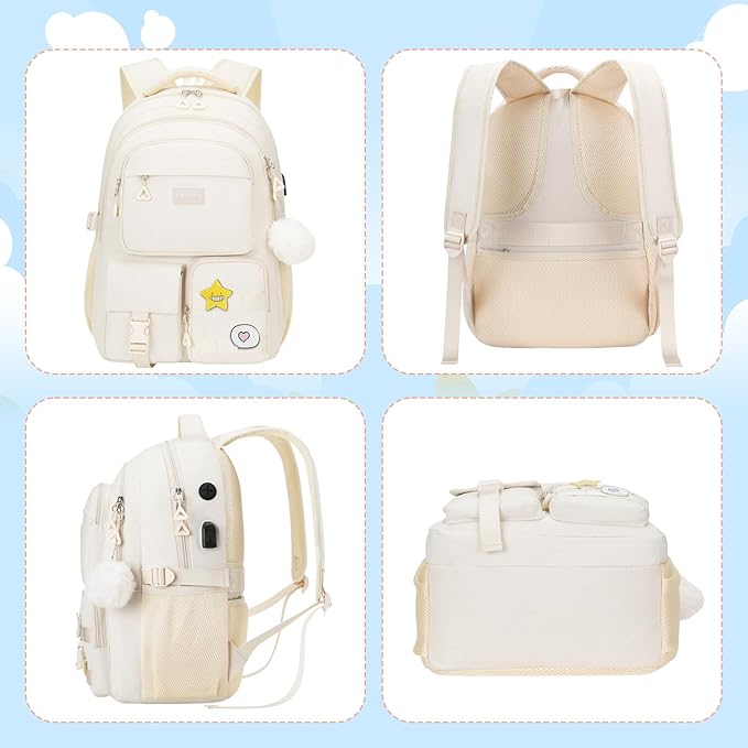 Cute Middle High School Bags Bookbag for Teen Girls,Laptop Backpack for Women,Back Pack Knapsack for College Student(Beige)