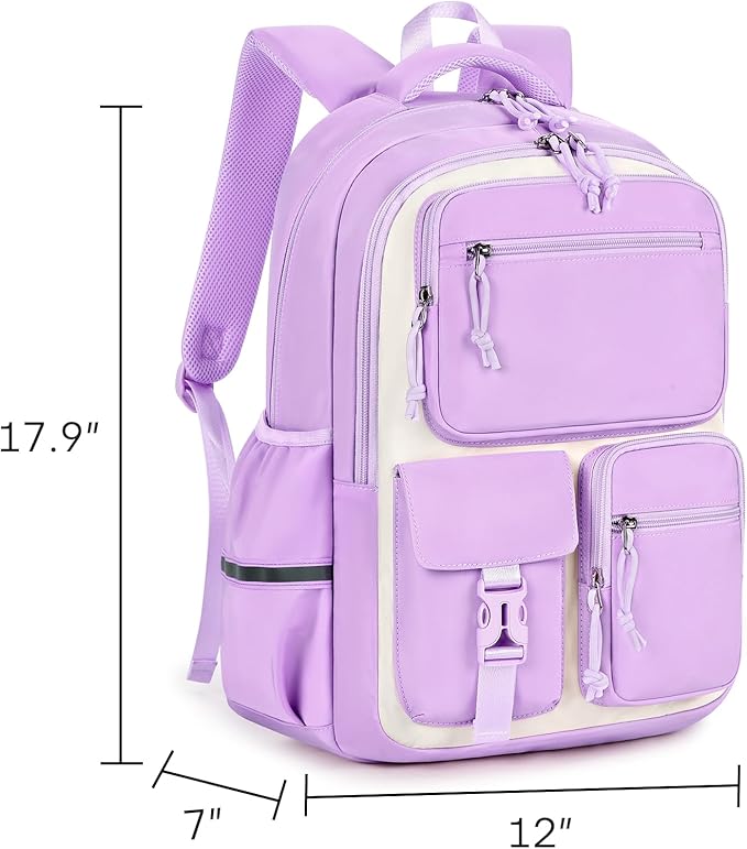 mibasies School Backpack for Teen Girls: 17.9 IN Backpack for Women with Laptop Compartment for Middle High Elementary School College Travel- Kids Bookbag Light Purple Beige
