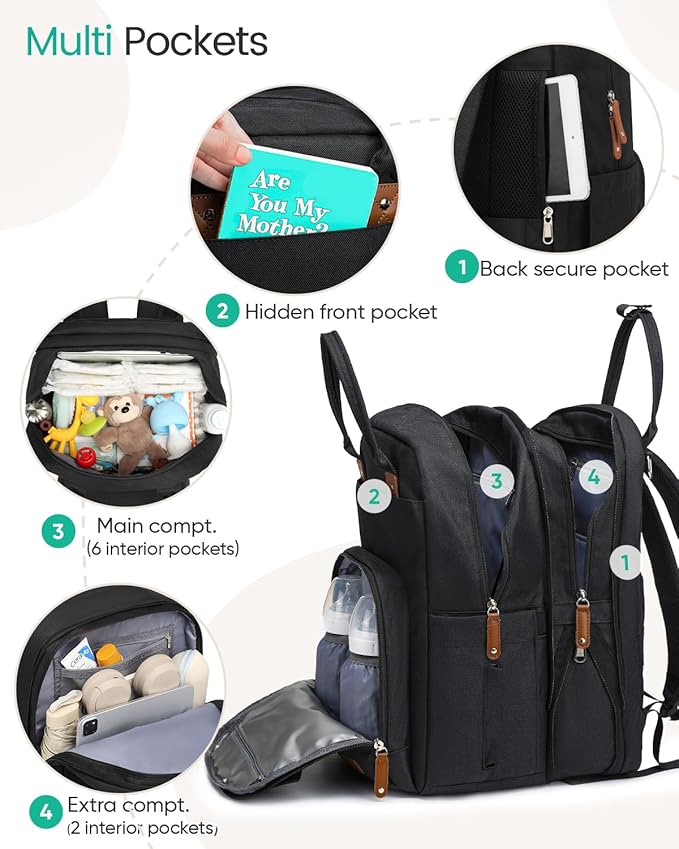 Extra Large Diaper Bag Backpack for Two Kids Twins - Expandable Baby Bag (26-36L), Dual Big Compartments - Includes Changing Pad & Stroller Straps, Unisex Black