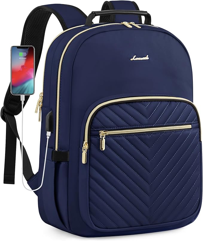 LOVEVOOK Laptop Backpack Purse for Women, Work Business Travel Computer Bags, College Nurse Backpack for Womens, Quilted Casual Daypack with USB Port, Fit 15.6 Inch Laptop, Navy