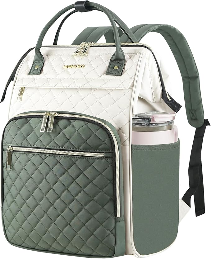 EMPSIGN 17 Inch Laptop Backpack for Women, Work Business Travel Computer College Bags, Large Capacity Water-repellent Quilted Casual Daypack with USB Port, Beige-Army Green