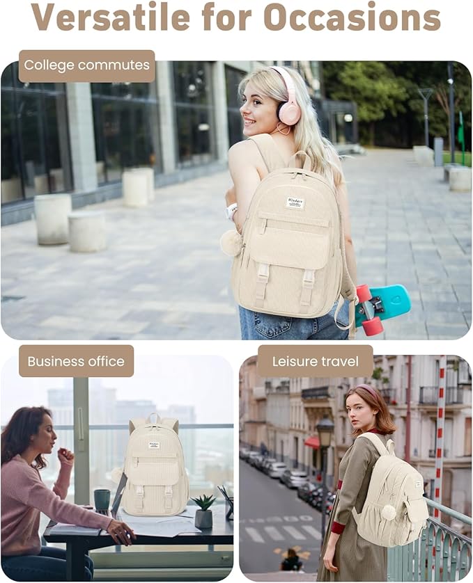 School Backpack for Teens, Large Corduroy Bookbag Cute 17.3 Inch Laptop Bag for Girls Women Lightweight Aesthetic High School College Back Pack for Student Nurse, Beige
