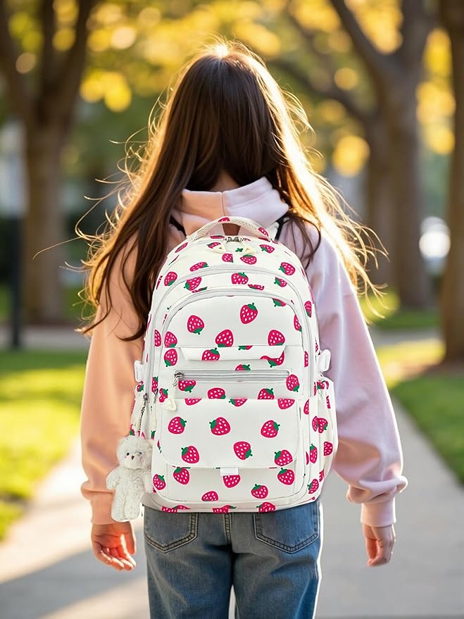 Girls Backpack for College High Middle School Student, Cute Aesthetic Bookbag for Teens Women with Accessories, Beige Strawberry