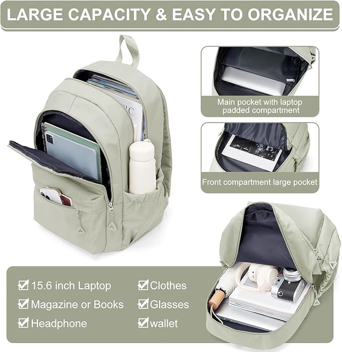 suwasp Casual Laptop Backpack for Women Men Waterproof Lightweight Backpacks Bag 15.6inch Laptop Daypack Large Capacity Backpack, Light Green