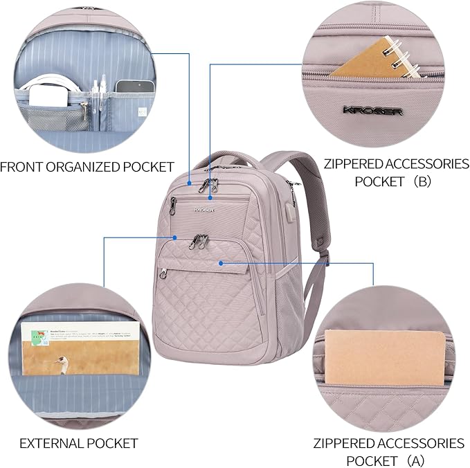 KROSER Travel Laptop Backpack 17 Inch Large Computer Backpack Water-Repellent Daypack with USB Charging Port & Headphone Interface RFID Pockets for Work/Business/College/Men/Women Dusty Pink(Quilted)