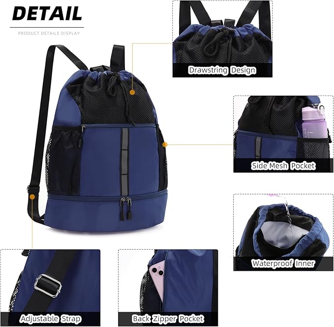 Valleycomfy Drawstring Gym Bag Sports Backpack With Shoe Compartment and Reflective Strips Dark Blue