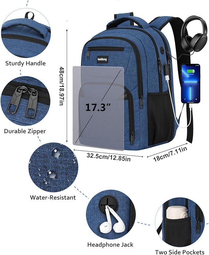 Laptop Backpack for Women & Men,Business Anti Theft Slim Computer Bag with USB Charging Port,Water Resistant College Computer Bag for Teens Boys Fits 17.3 Inch Laptop and Notebook, Blue