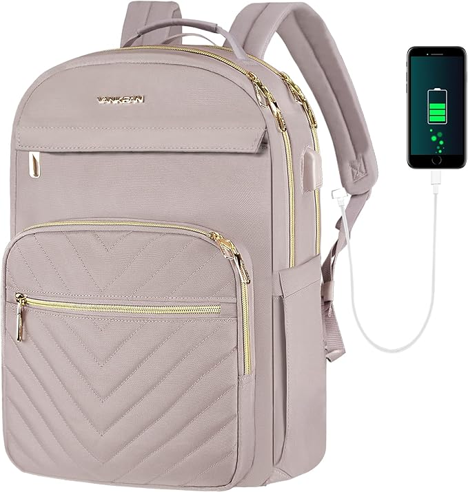 VANKEAN 17.3 Inch Laptop Backpack for Women Work Laptop Bag Fashion with USB Port, Waterproof Backpacks Stylish Travel Bags Casual Daypacks for College, Business, Light Dusty Pink