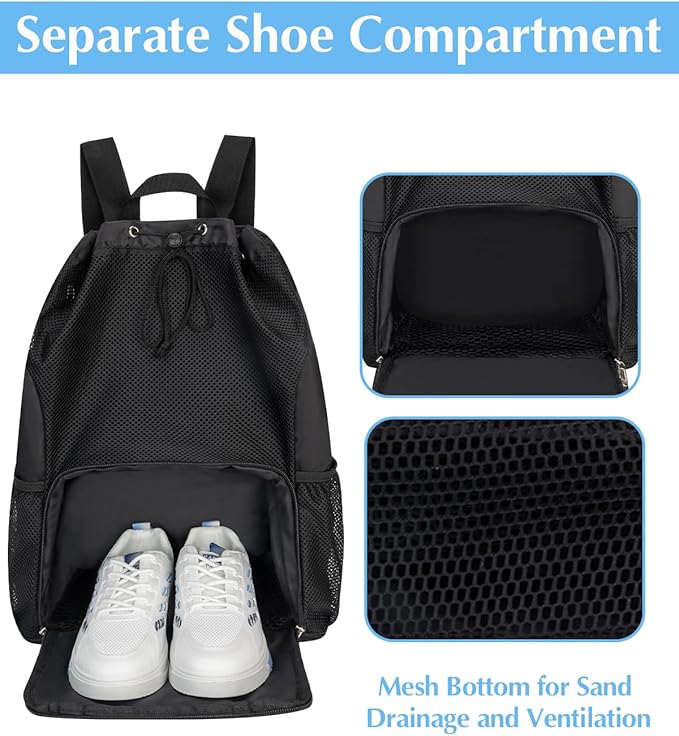Drawstring Backpack Sandproof Beach Backpack with Shoe Compartment & Wet Pocket Waterproof Mesh Swim Bag Pool Bag for Gym, Travel and Workout Gear (Black)