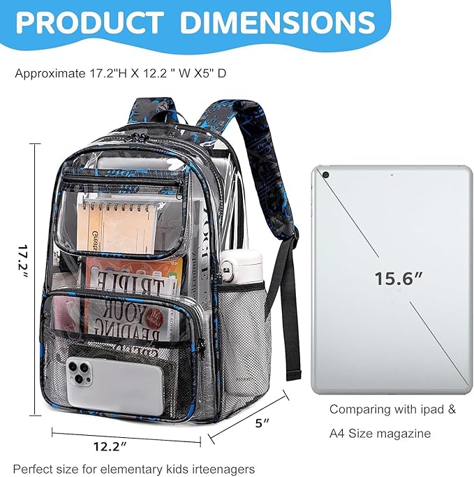 Bluboon Clear Backpack Heavy Duty Kids Boys Clear Bookbag See Through Backpacks with Pencil Case for College Work (Transparent Blue)
