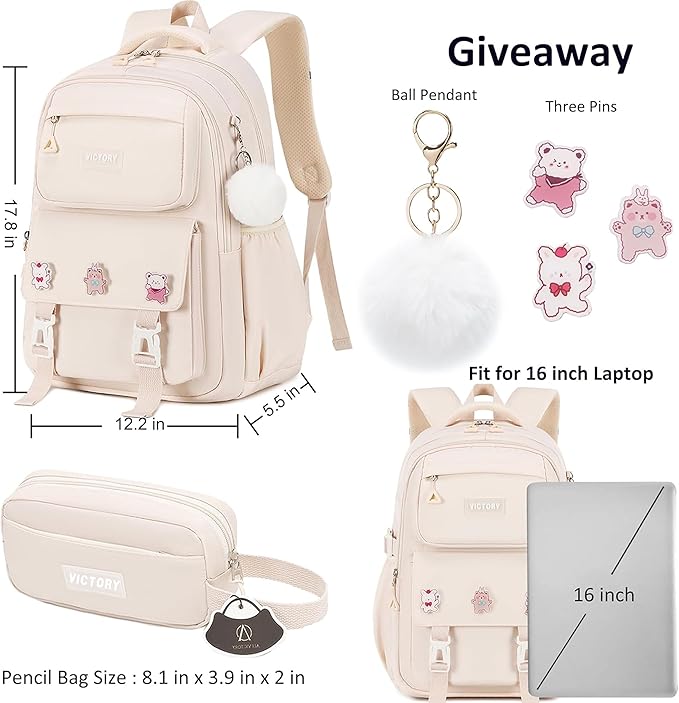 AO ALI VICTORY Backpack for Women Girls Set with Pencil Case 15.6 Inch Laptop School Bag Kids Elementary College Backpacks