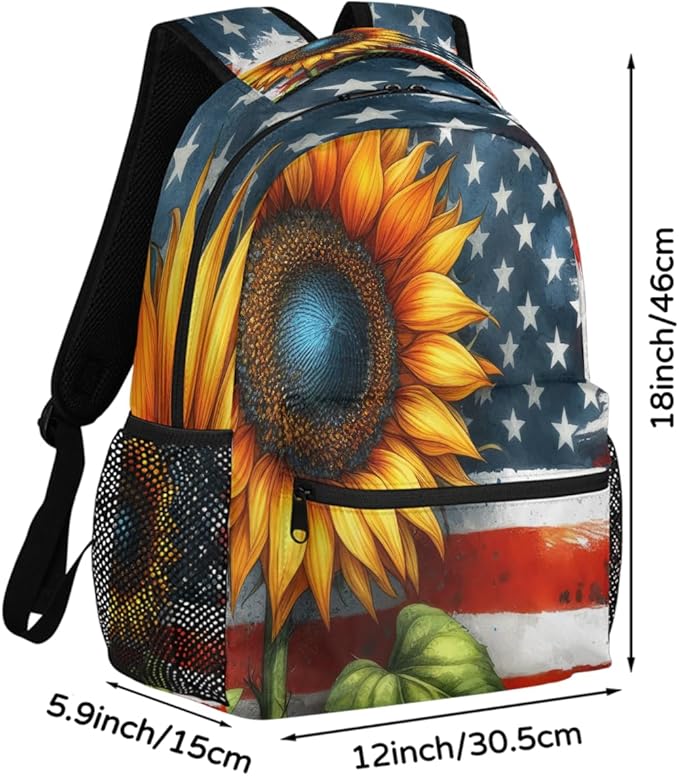 Pardick American Flag Sunflower Backpack for Kids Girls Boys Lightweight School College Students 18in Bookbag Large Capacity Computer Backpacks Laptop Rucksack Travel Gym Hiking Camping Daypack