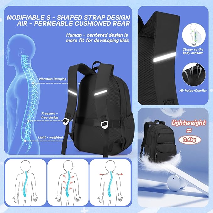Cute Black Backpack For School Teens Girls Boys, Aesthetic Kids Elementary School Backpacks, Waterproof Middle Students Bookbag, Large Capacity Backpack For College Women Men