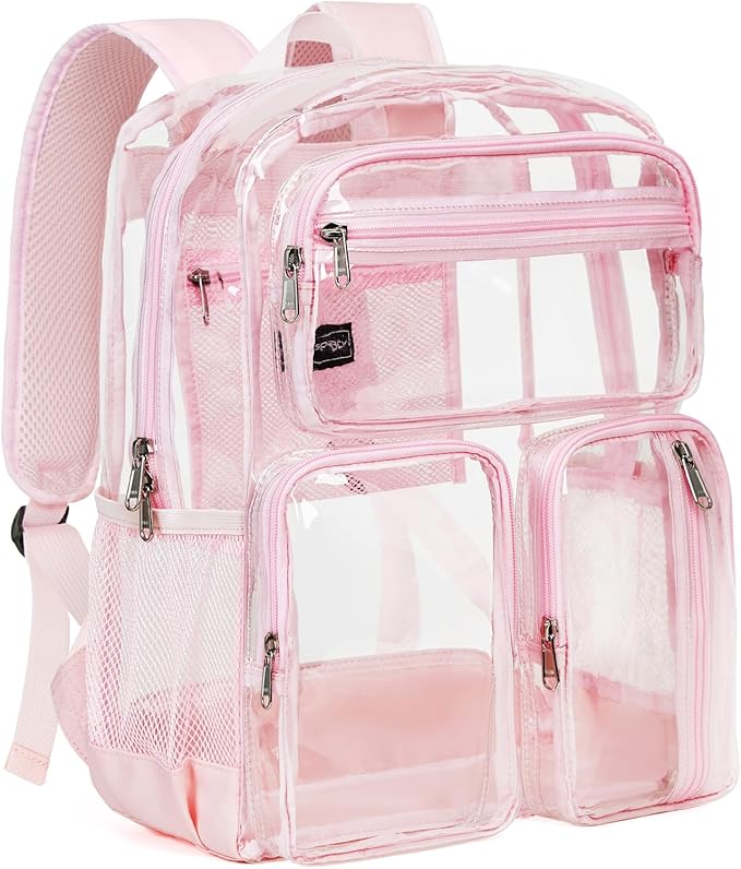 Vorspack Clear Backpack Heavy Duty - Large Clear Bookbag Transparent See Through Backpacks for College Work Festival - Light Pink