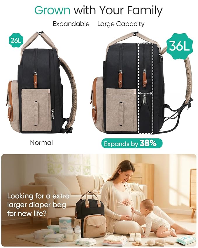 Extra Large Diaper Bag Backpack for Two Kids Twins - Expandable Baby Bag (26-36L), Dual Big Compartments - Includes Changing Pad & Stroller Straps, Unisex Black Khaki