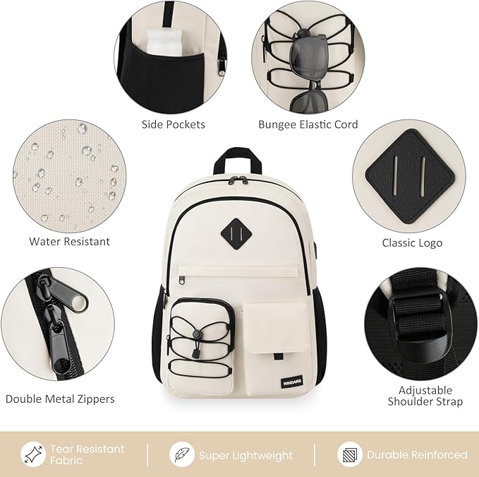School Backpack for Women, College Bookbag Teen Girls 17.3 Inch Laptop Bacpack Cute School Bag with USB Port for Students (Beige)
