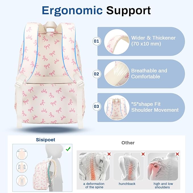 Girls Backpack, Lightweight School Backpack Multiple-pocket College Bookbag for Teen Girls Travel Backpack with Luggage Strap for Women, Beige with Pink Bow