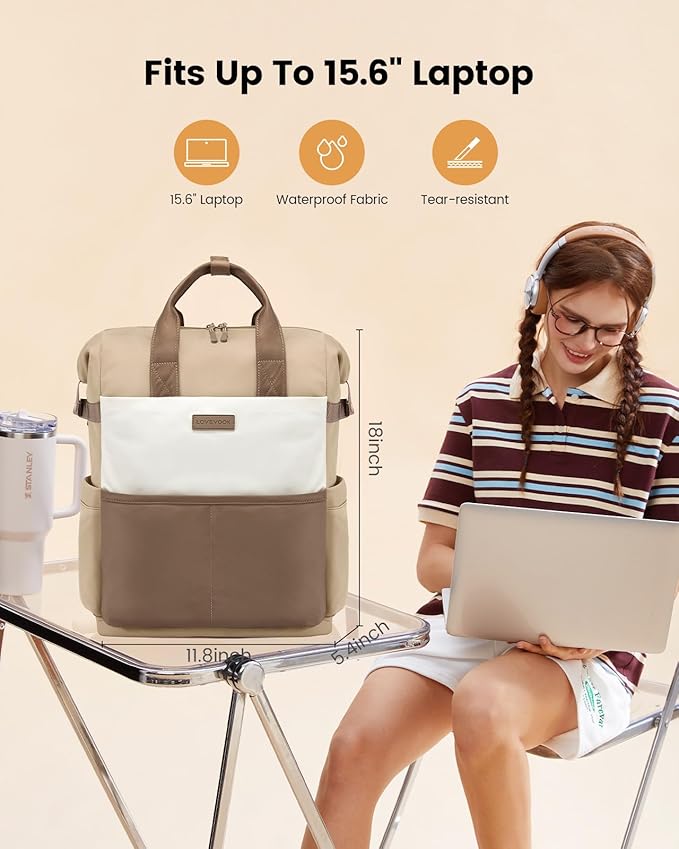 LOVEVOOK Laptop Backpack for Women, 15.6 Inch Work Travel Backpack Purse for School College Bookbag for Teen Girls Cute Computer Backpack for Teacher Nurse Business, Coffee-Beige