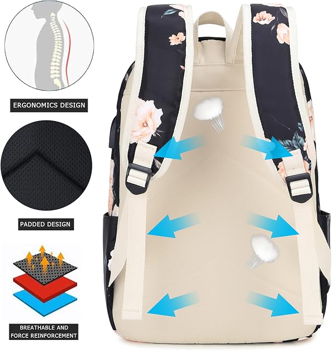 Laptop Backpack for Girls Women, School Backpack with Lunch Bag and Pencil Bag, College Bookbag Travel Daypack with USB Charging Port and Headphone Interface, Floral