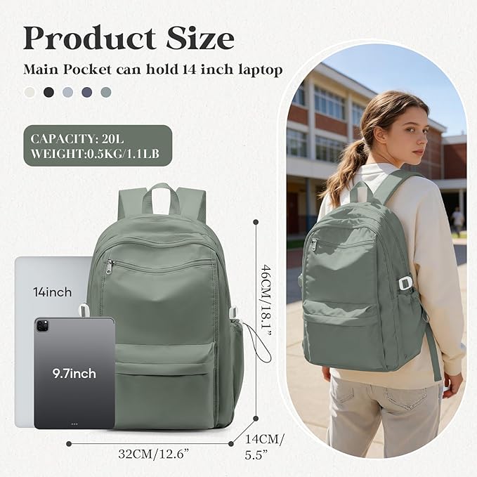 Simple School Backpack For Women,Lightweight College Backpack,High School Bag For Teens Boys Girls,Casual daypack Small Travel Backpacks Men Bookbag(Green)