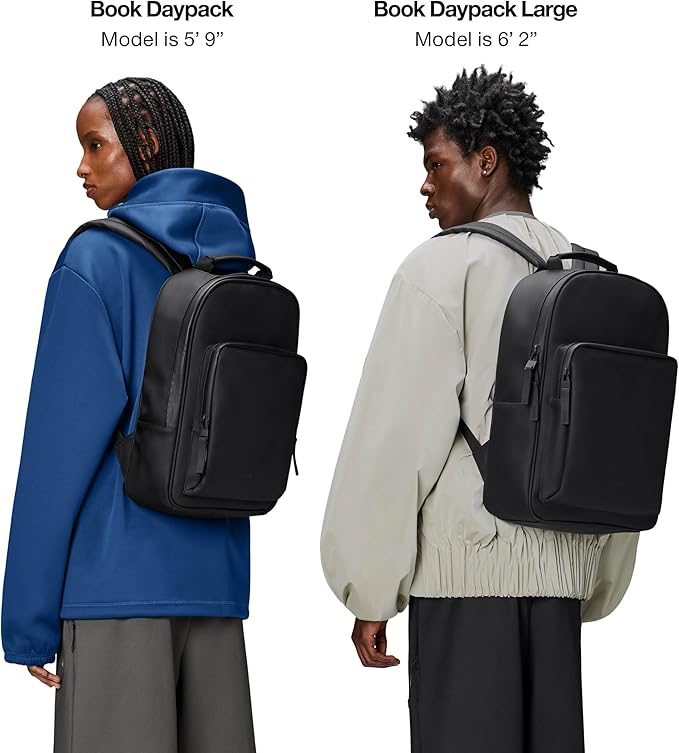 RAINS Book Daypack Large Lagoon Laptop Backpack for Men and Women, Waterproof Black Minimalist Commuter Bag with 15”-16"