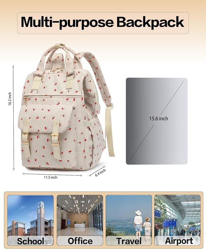 Laptop Backpacks for Women, Corduroy High School College Bookbag 15.6 Inch Laptop Bags for Girls Travel Daypack - Cherry Beige