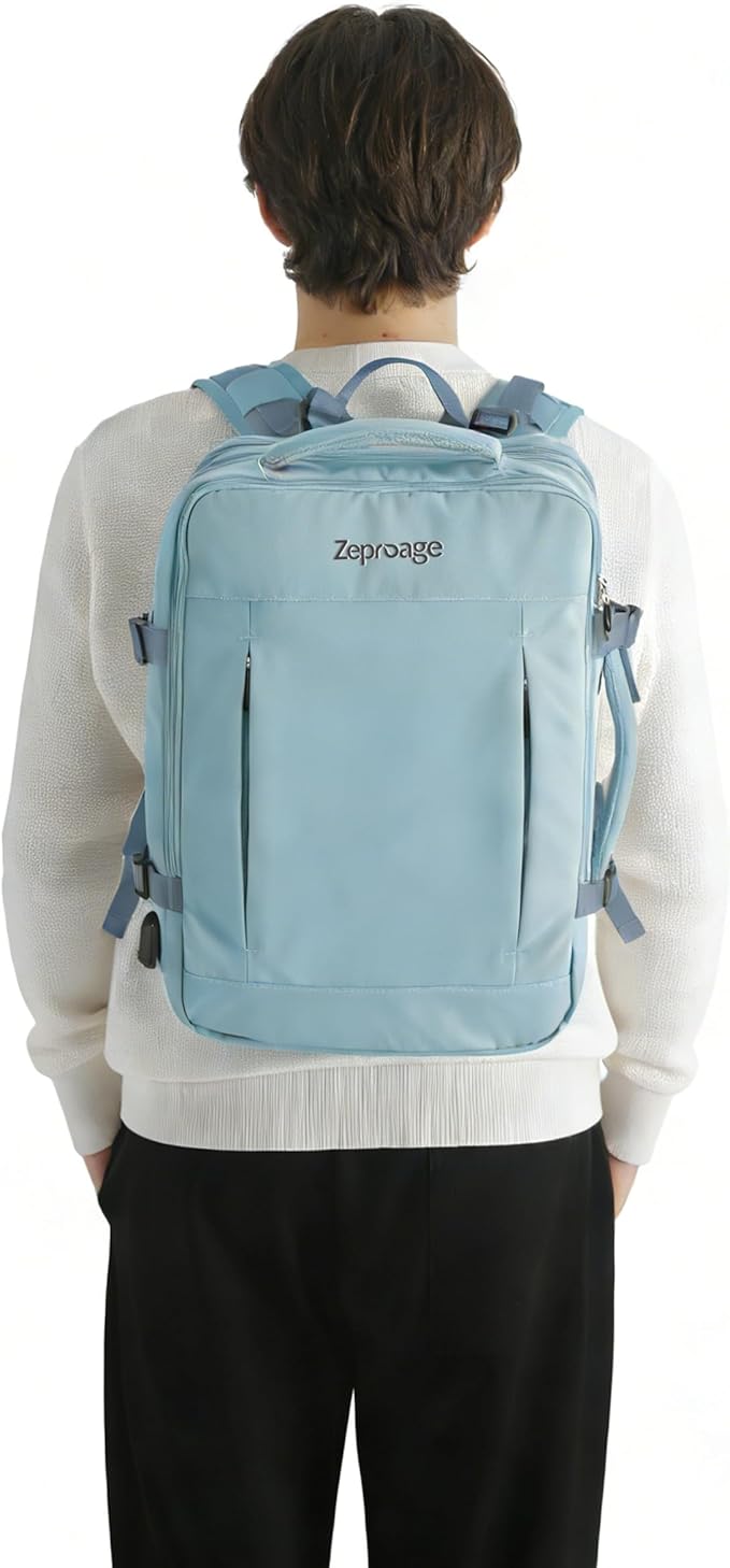 Travel Backpack, Expandable Large Capacity Business Work, Water Repellent Carry On Daypack with USB Charging Port, Fit 17 Inch Laptop, Bag for Men and Women, Sky Blue