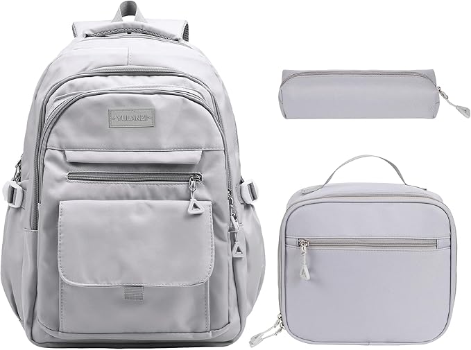 Phaoullzon Teen Girls School Backpack with Lunch Box for Boys, College Aesthetic Laptop Bookbag for Women,Grey