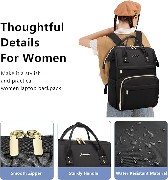 Women Laptop Backpack Teacher Bags: 17.3 Inch Nurse Computer Backpack with USB Port Work Bag Stylish Travel Daypack Bookbag Waterproof for Business Woman Gifts BLACK