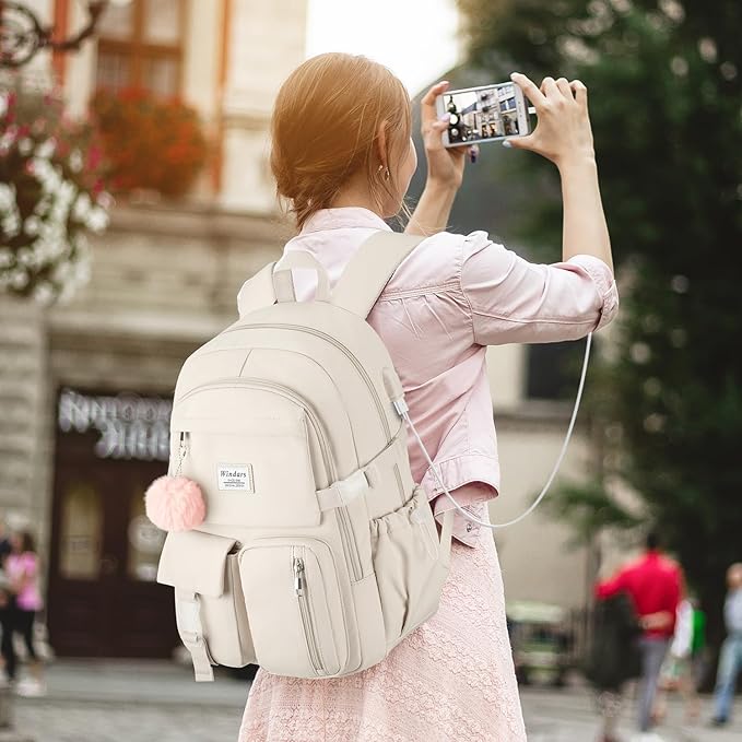 Backpack for Teen Girls, 15.6 Inch Laptop Backpack Cute Kids Bookbag for Middle School College Students, Large School Bag for Women (Beige)
