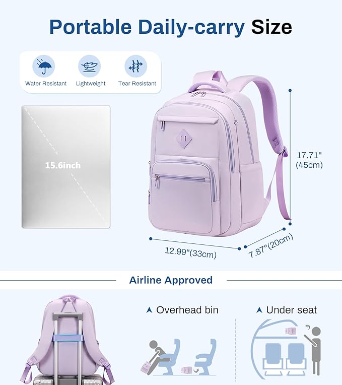 School Backpack for Girls, Lightweight Kids Bookbag Classic College Backpack for Teen Women with Luggage Strap, Age 8-18 Years Old, Purple