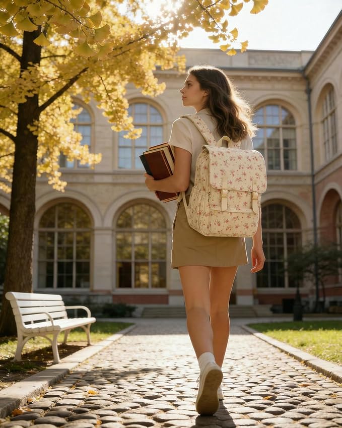 Corduroy Laptop Backpack for Women, Fits 15.6 Inch Computer Bag, College High School Bookbag Travel Daypack Purse, Work Business Bags - Beige Corduroy Floral Pink