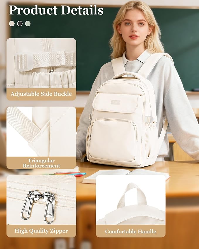 Cute Middle School Backpack For Teen Girls,Waterproof Casual Bookbags,Lightweight Travel Daypack,Basic Laptop College Backpack For Women(White)