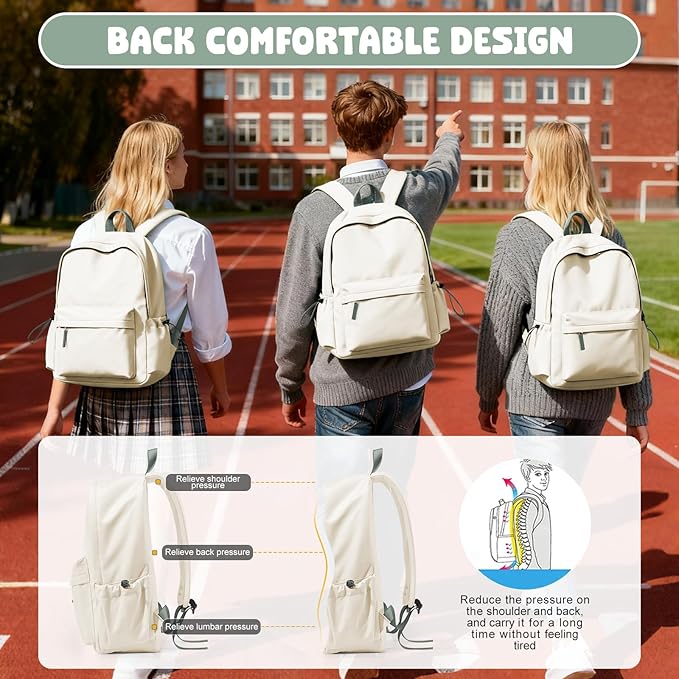 VECAVE School Backpack for Women Men, Lightweight Travel Casual Daypack Laptop Rucksack, Waterproof College High Secondary School Bags Bookbag for Boys Girls Teens BeigeGreen