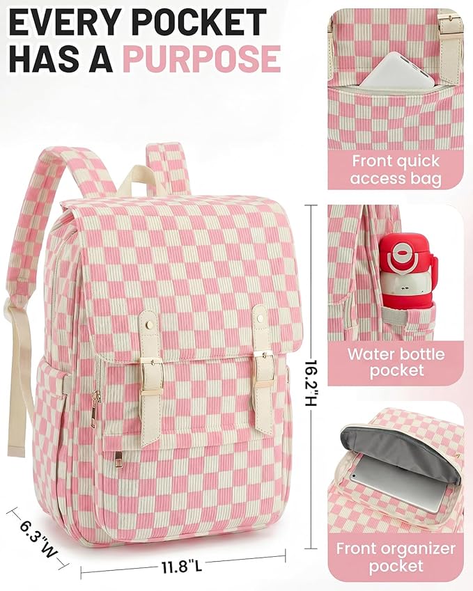 Corduroy Laptop Backpack for Women, Fits 15.6 Inch Computer Bag, College High School Bookbag Travel Daypack Purse, Work Business Bags - Corduroy Checkered Pink