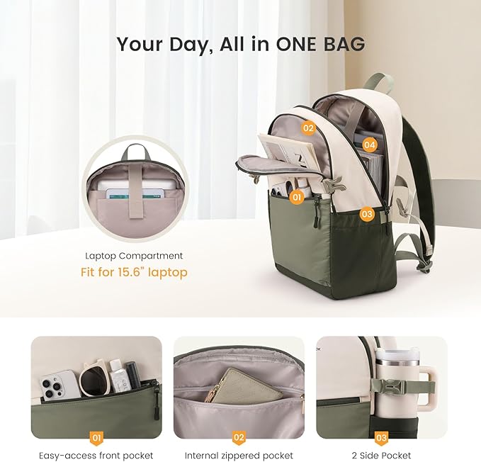 LOVEVOOK Everyday Backpack for Women, Chic Versatile Backpack with Water Bottle Pocket, Lightweight Waterproof Casual Daypack for City Work Commute, College, Travel & Gifts, Beige-Khaki