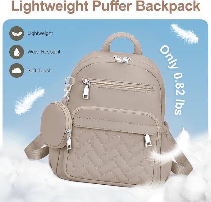 Mini Backpack for Women Small Backpack Purse, Anti Theft Backpack Waterproof Lightweight Puffer Back packs for Travel, Work with Coin Purse Khaki