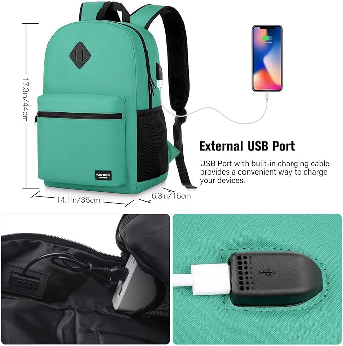 YAMTION School Backpack for Teens,Green Bookbag Classic Backpack with USB Port for High School College Students